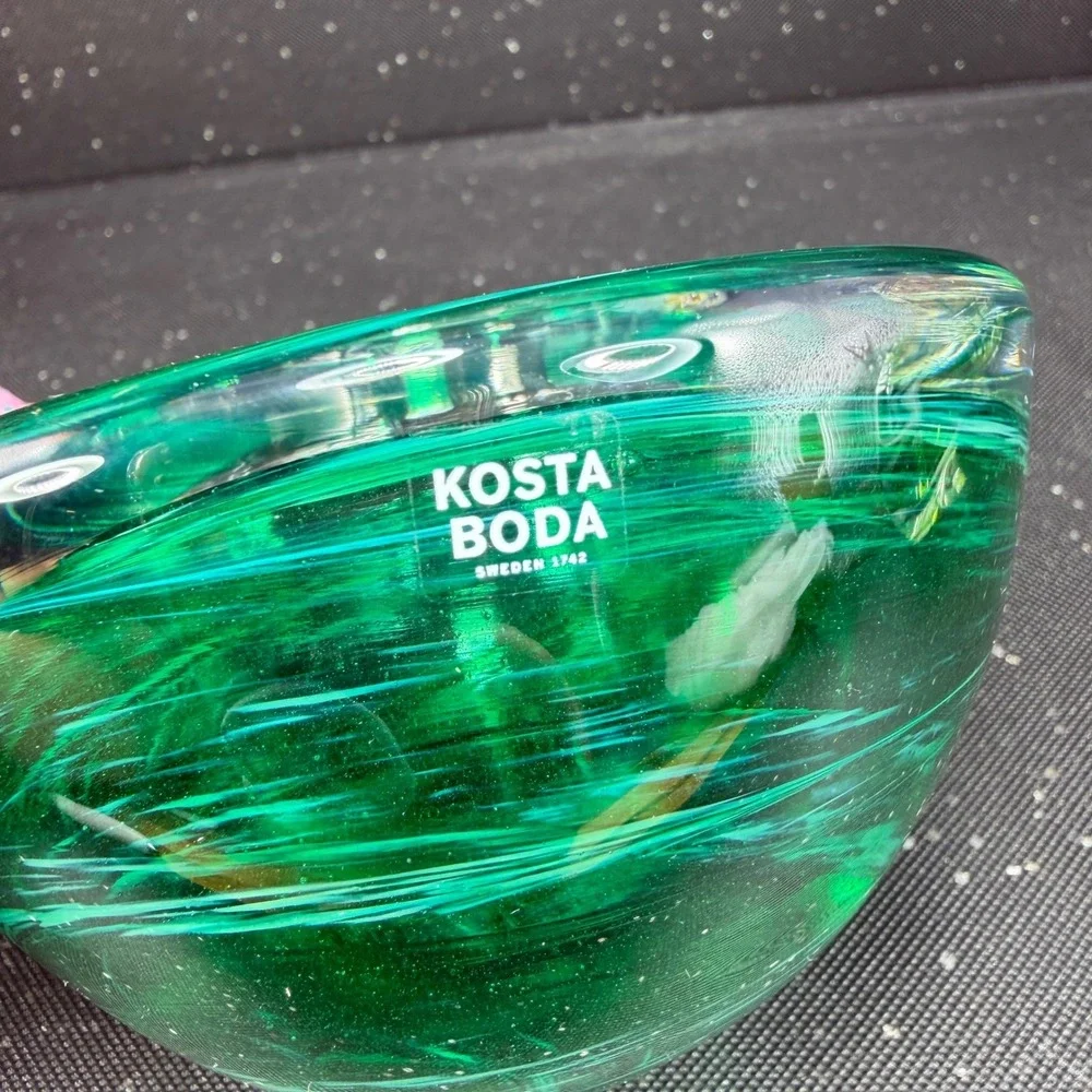 Kosta Boda Sweden Art Glass Green Swirl Votive Candle Holder Signed Heavy Base